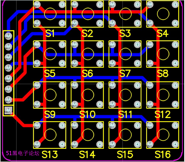 4*4矩阵键盘pcb走线和原理图