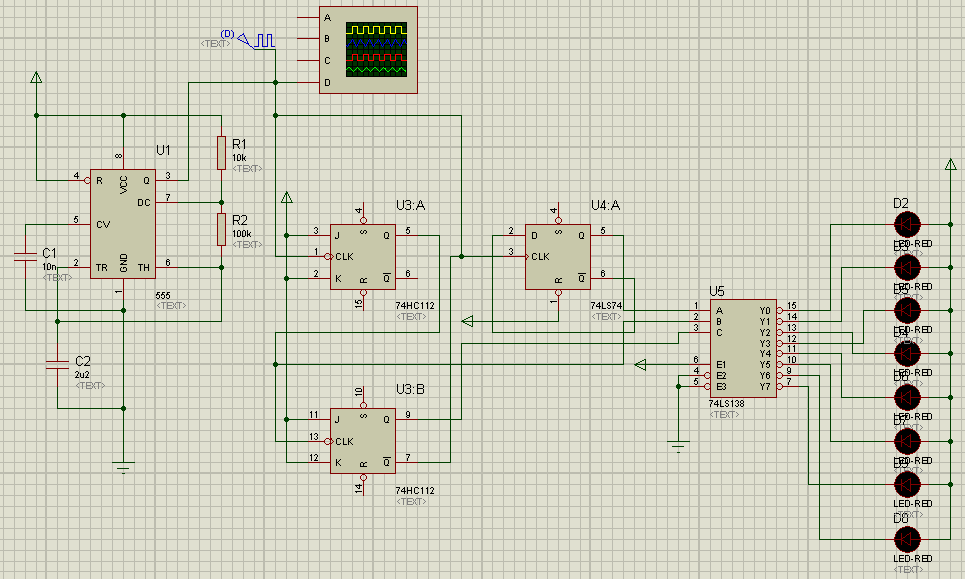 采用ne555芯片八路数字流水灯proteus仿真原理图