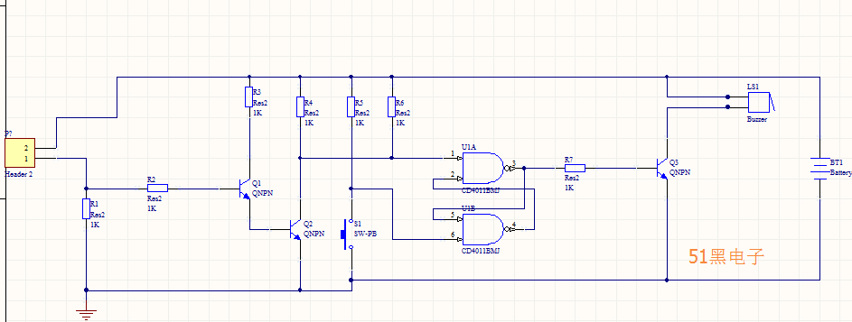 三极管cd4011水位报警器原理图与pcb源文件