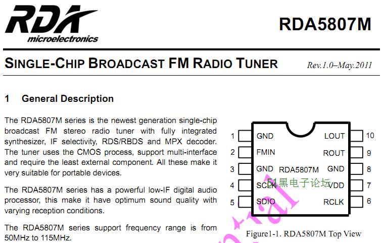 rda5807引脚图与电路图及pdf资料下载