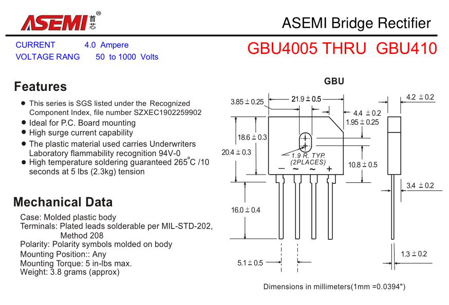 gbu是它的封装表示,整流桥的电性参数是电流4a,电压600v.