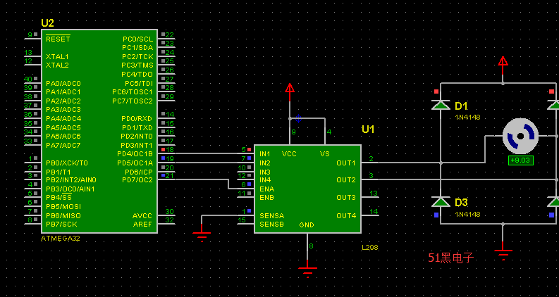 电机控制_l298,包含仿真和程序  仿真原理图如下(proteus仿真工程文件