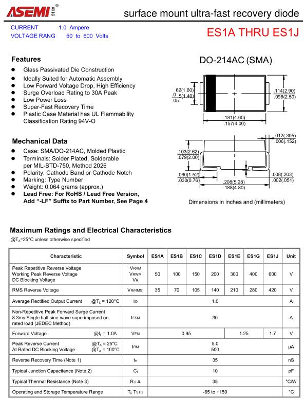 es1jasemi67高速恢复贴片二极管1a1000v67