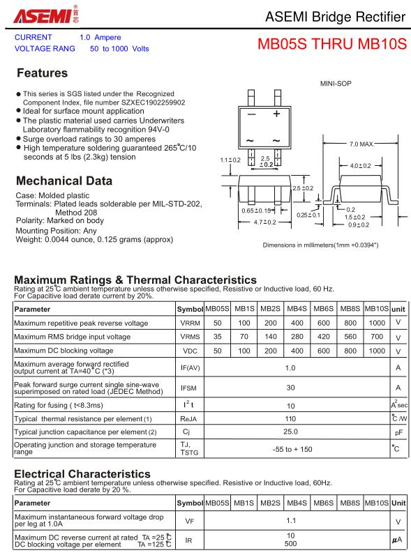 mb10s-asemi大芯片桥堆1a 1000v