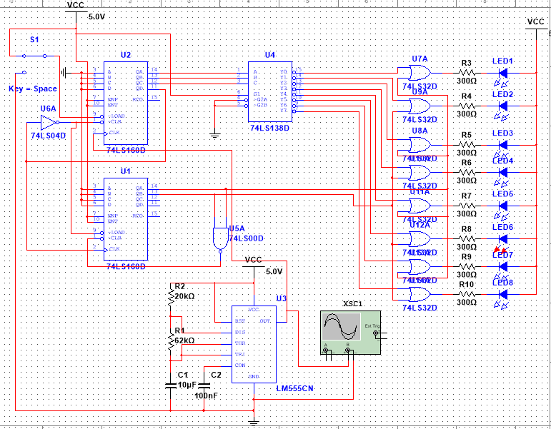 这个用multisim做的仿真图中器件74ls00d和74ls32d的作用是什么?