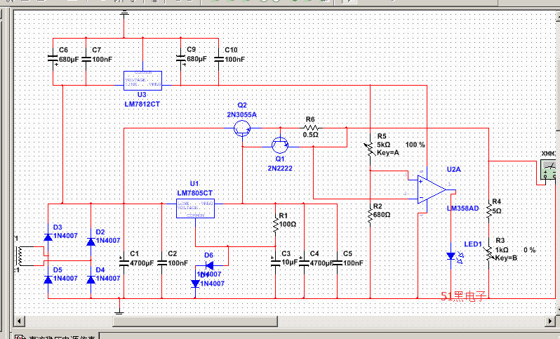 7805lm358ad直流稳压电源的multisim仿真电路图5v1a