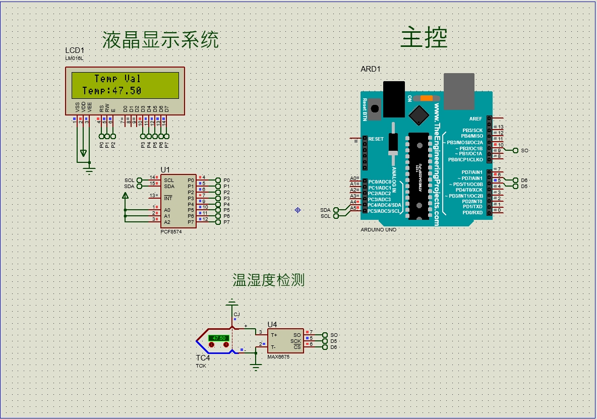 Proteus仿真arduino读取max6675温度数据显示在iic Lcd1602 Arduino 7397